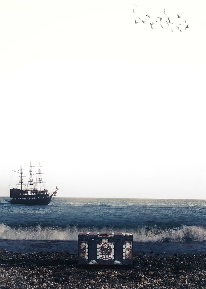 treasure chest with pirate boat