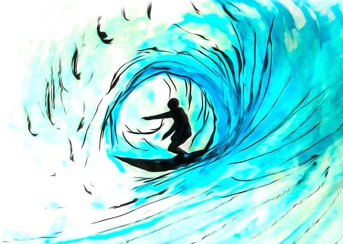Lone Surfer in blue, A digitally Augmented watercolor ...