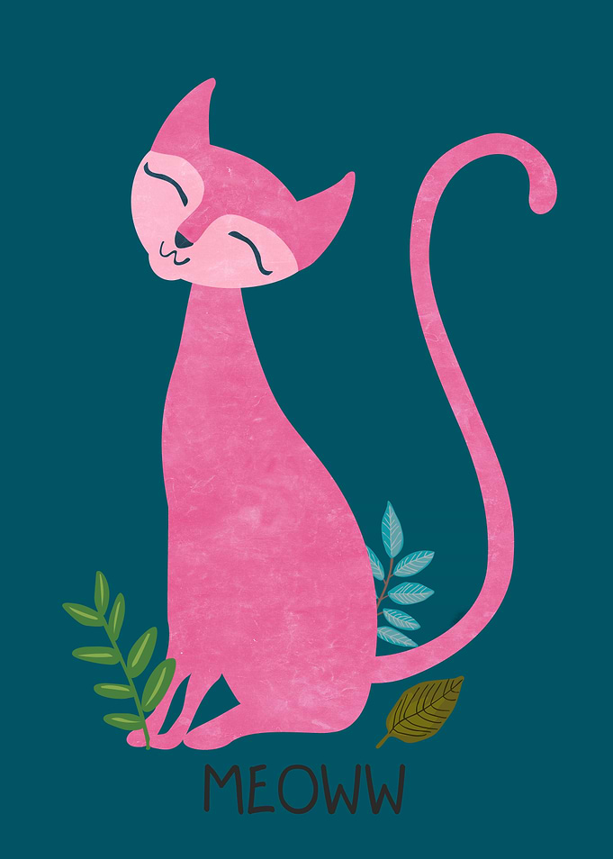 Meoww - Pink kitten on a green color
