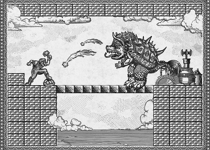A vintage 2-D engraving style retro gaming art based on ...