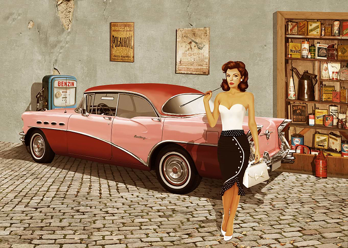 Pin Up girl with vintage car