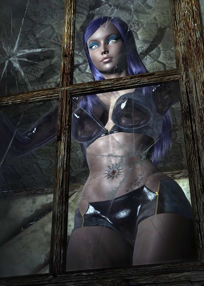 Biker girl through window