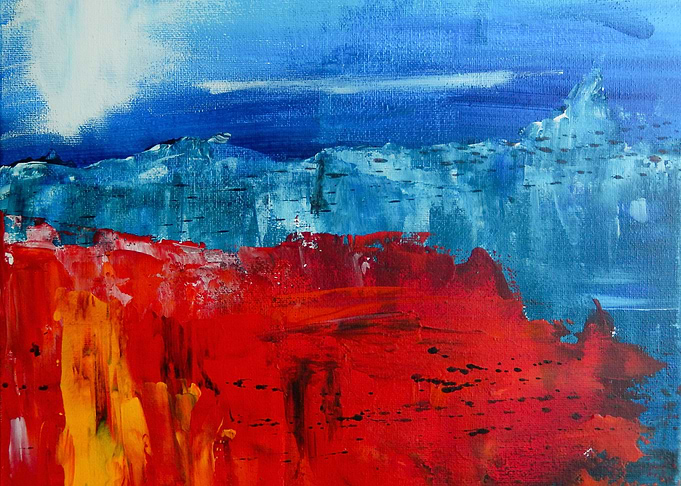 Red flowers, blue mountains. An abstract landscape, acr ...