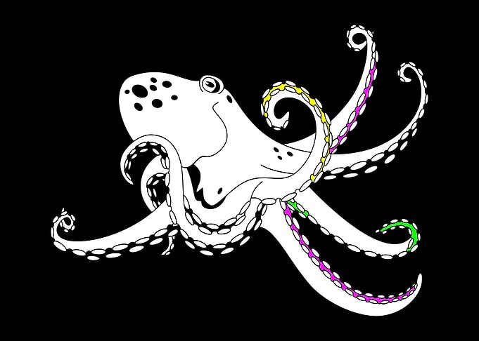 A smiling octopus in the murky depths of the ocean. Eve ...