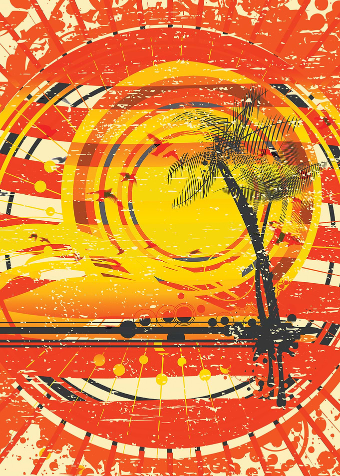 Summer Sunset Birds Flying and Palm Trees
