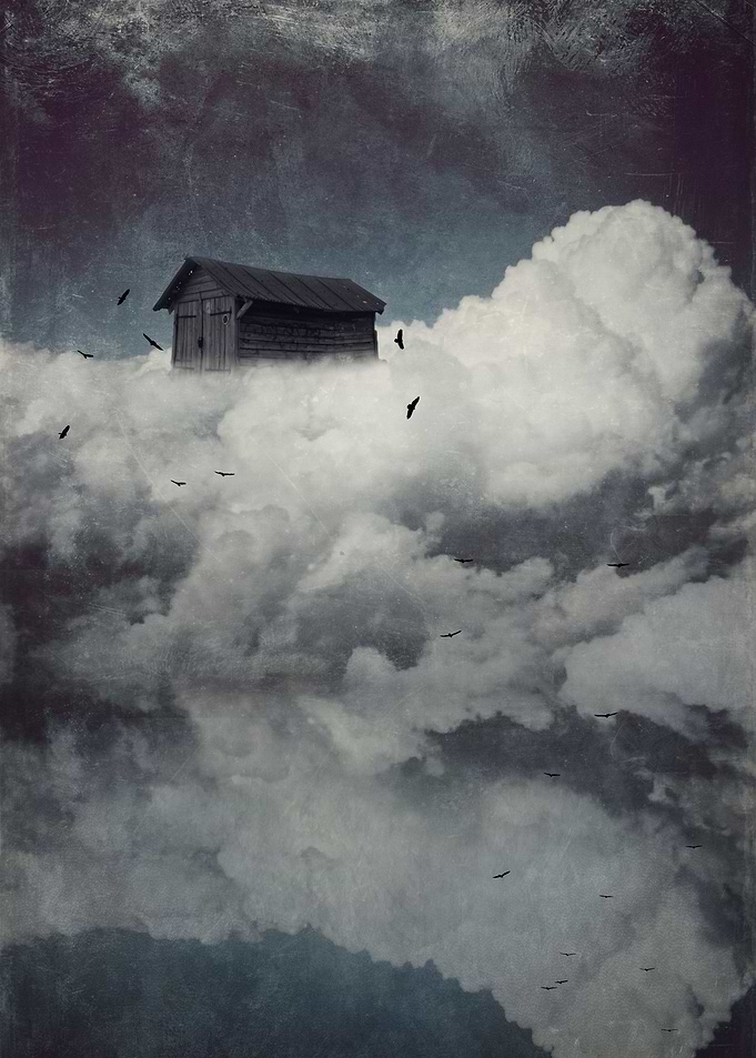 Surreal cloudscape with birds