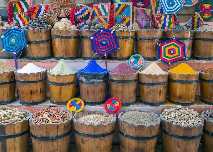 pigments and remedies on a market stand in the Souk of ...