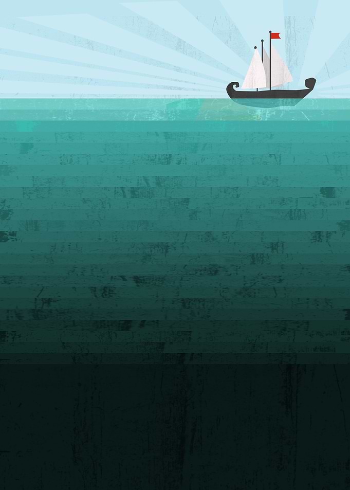 A conceptual illustration of a deep blue ocean with a v ...