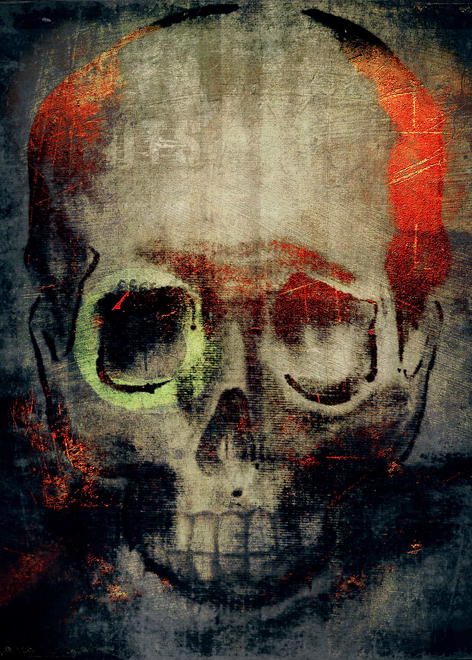 drawing of a skull combined with textures & photographs ...