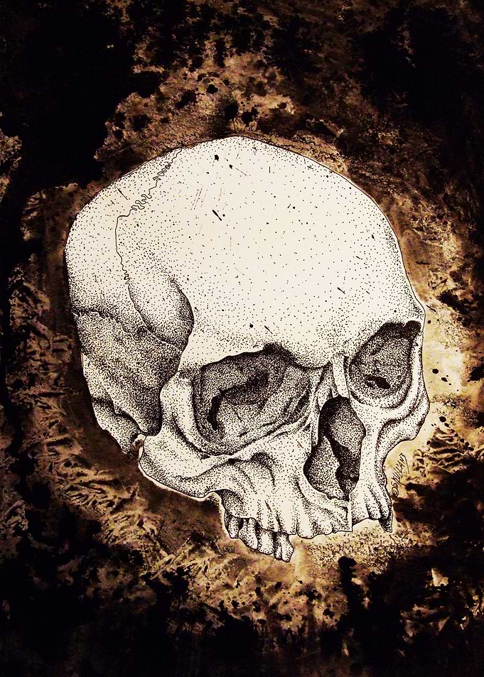 Pointilism skull with a black ink wash background