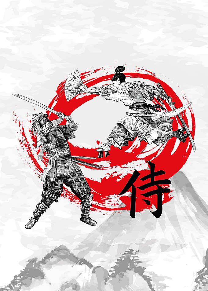 Two samurai warriors with Samurai Kanji