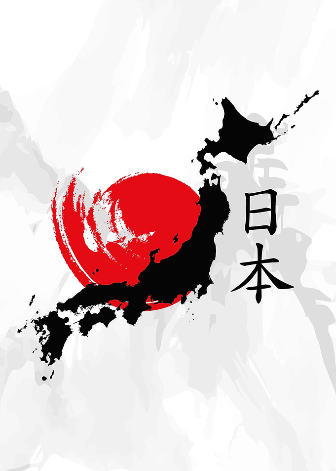 The Japanese country shape with a brushed red sun in th ...