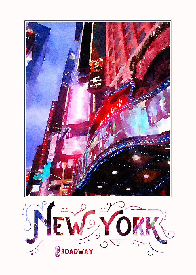 Digital watercolor of colorful neon lights and billboar ...
