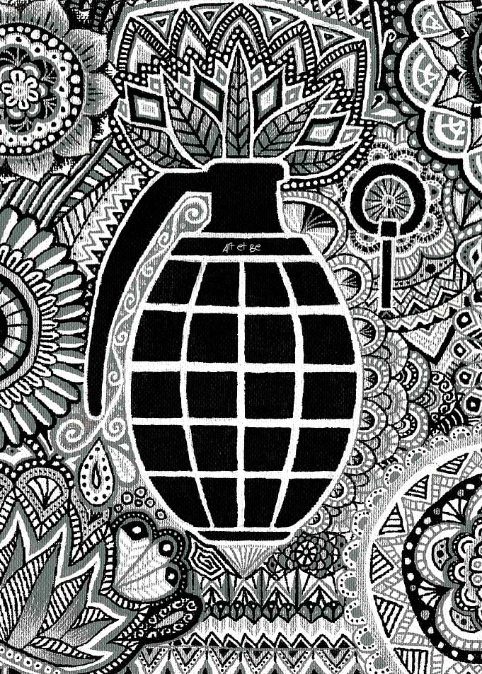 grenade, grey, black, white, silver, doodle, mandala, w ...