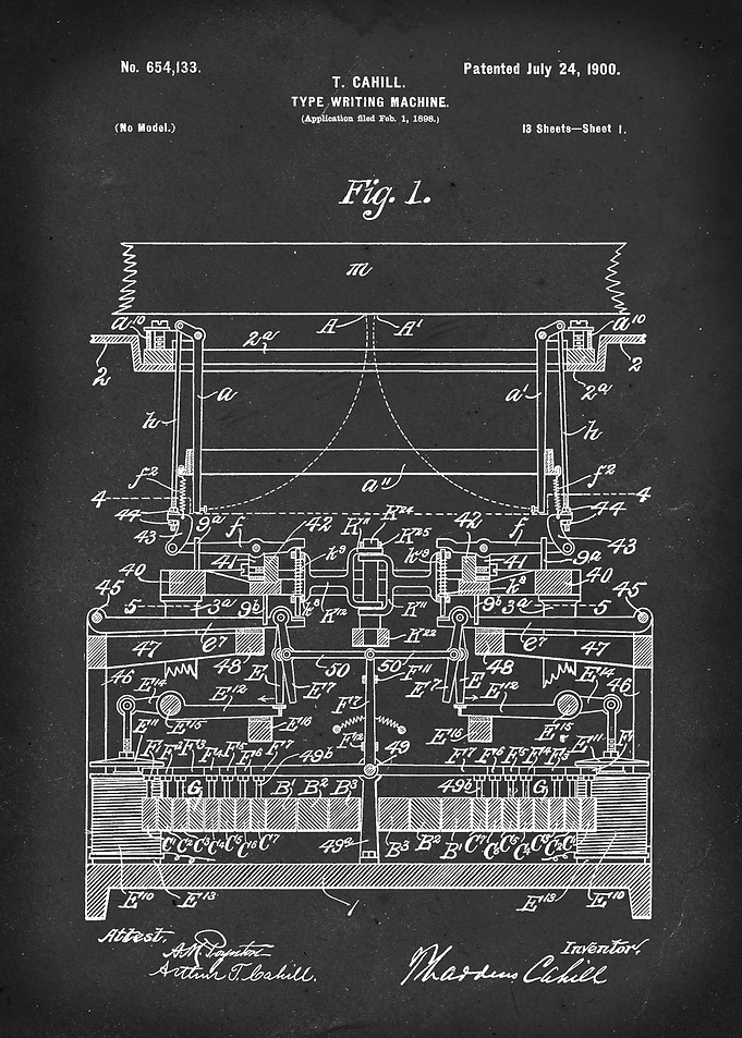 Type Writing Machine - Patent by T. Cahill - 1900