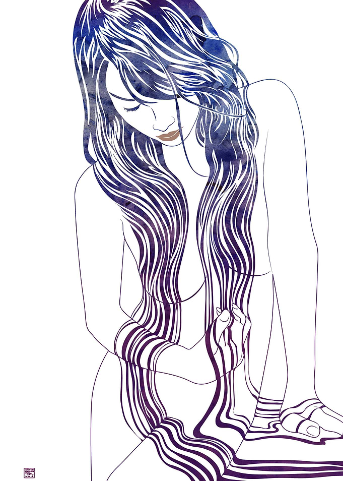 A beauty with long tresses by artist Stevyn Llewellyn.