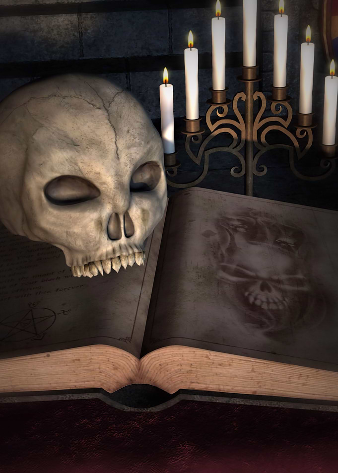 A dark mysterious spell room with skull 3d digital rend ...