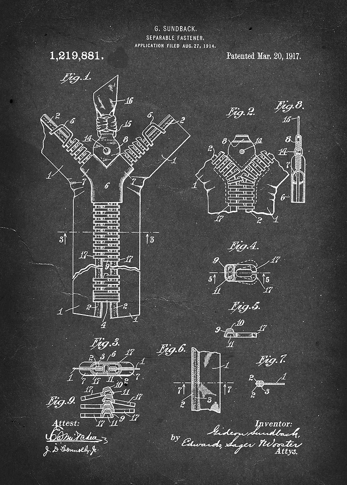 Separable Fastener (Zipper) - Patent by G. Sundback - 1 ...