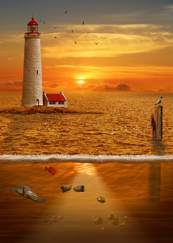 The view over and underwater with lighthouse at sunset ...