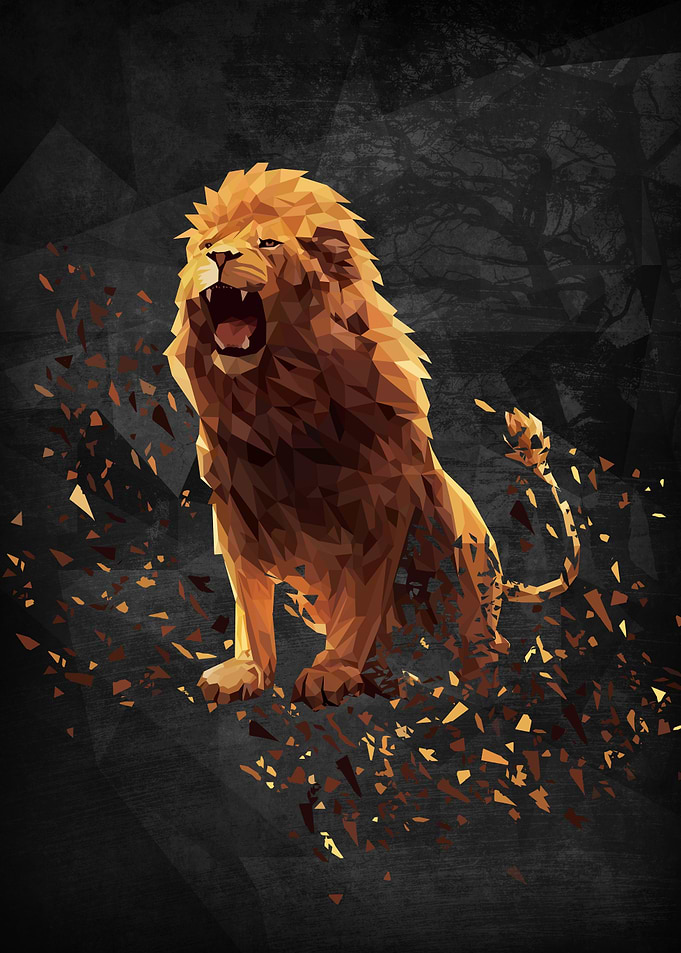 Polymetric roaring lion shattered with a dark backgroun ...