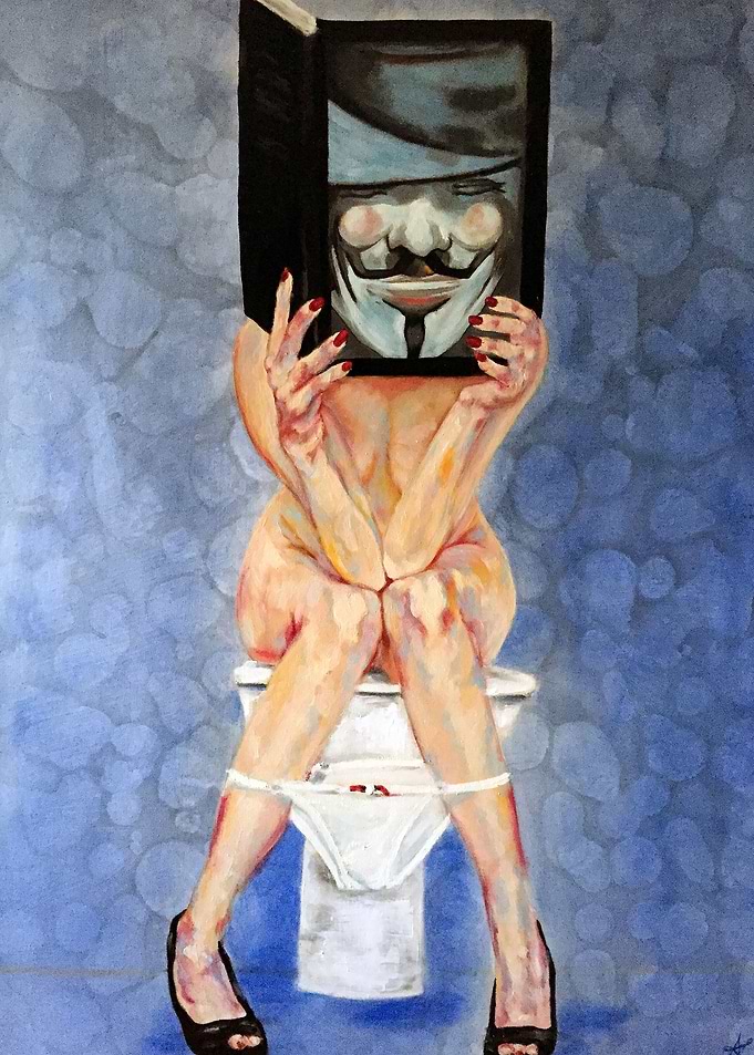 Toilet naked girl reading V for Vendetta.