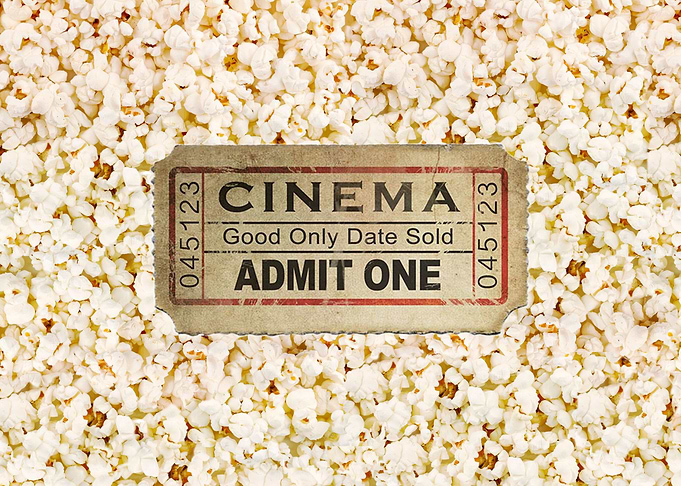 This is an old cinema ticket with a popcorn background. ...
