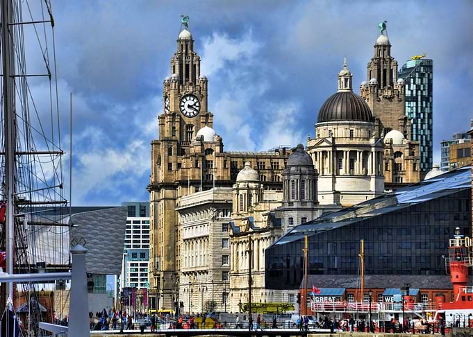 a h d r image of the famous three graces in Liverpool,l ...