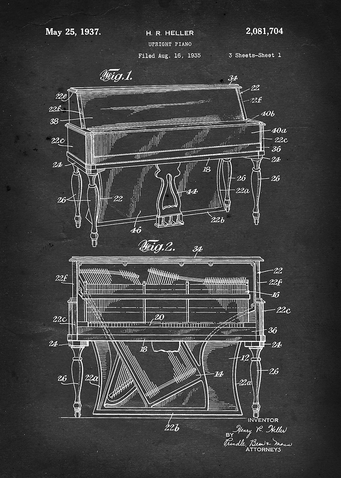 Upright Piano - Patent by H. R. Heller - 1937