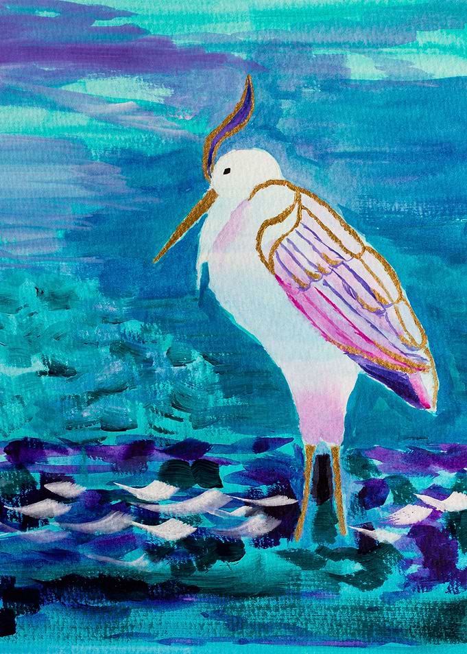 Great White Heron by the Lake Shore Acrylic Painting - ...