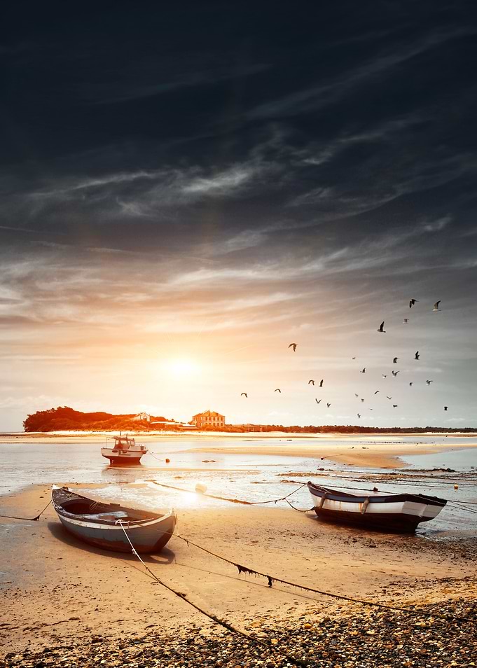 Three fishing boats resting in a very low tide at sunse ...