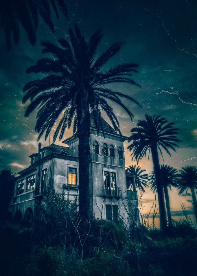 Abandoned old ruin of a house surrounded by palm trees ...