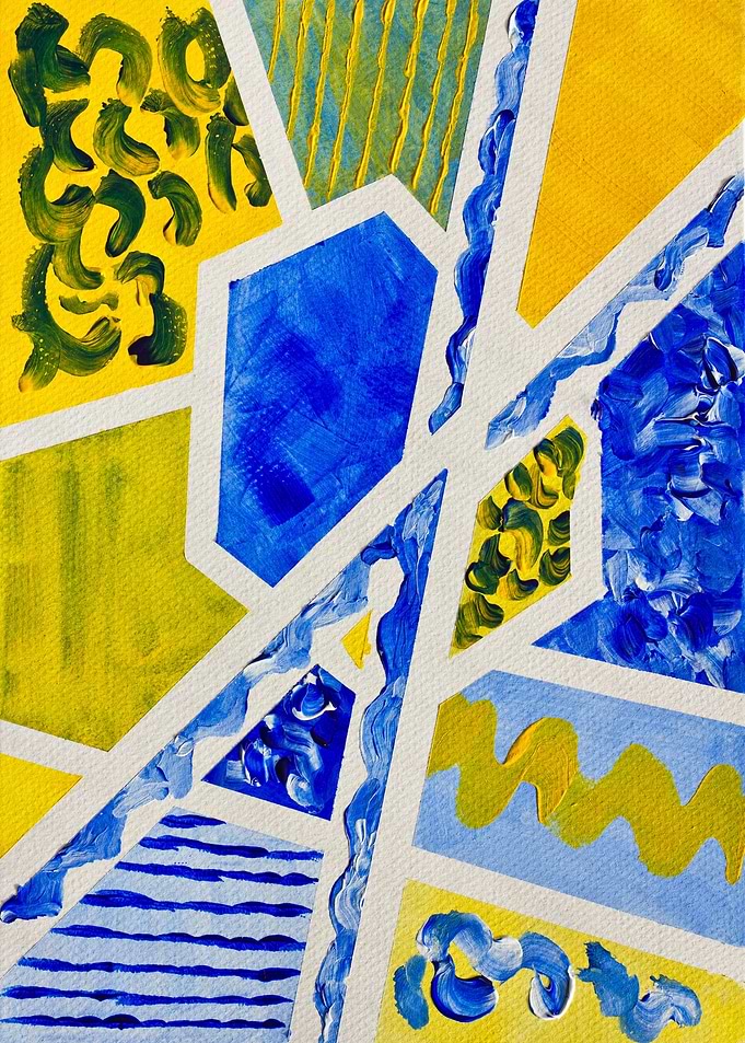 An abstract painting in geometric shapes with paint tex ...