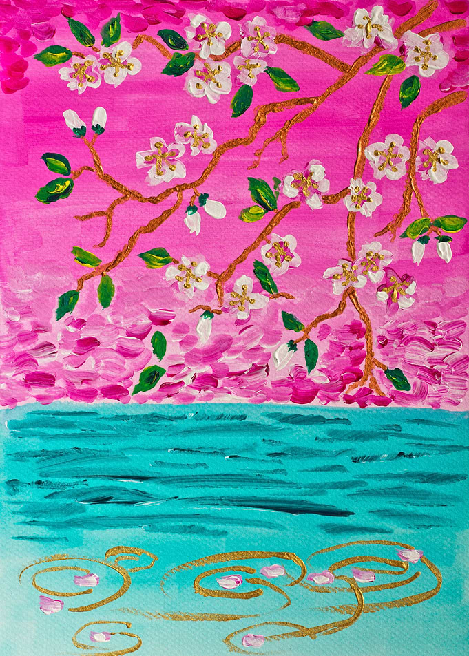Bright white cherry blossoms on a bronze-hued branch, w ...