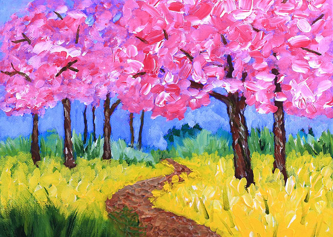Cherry Trees Field Mustard After the Rain Painting - A ...