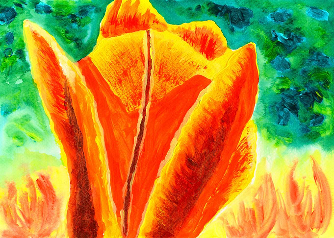 An acrylic painting of a bright yellow orange tulip, on ...