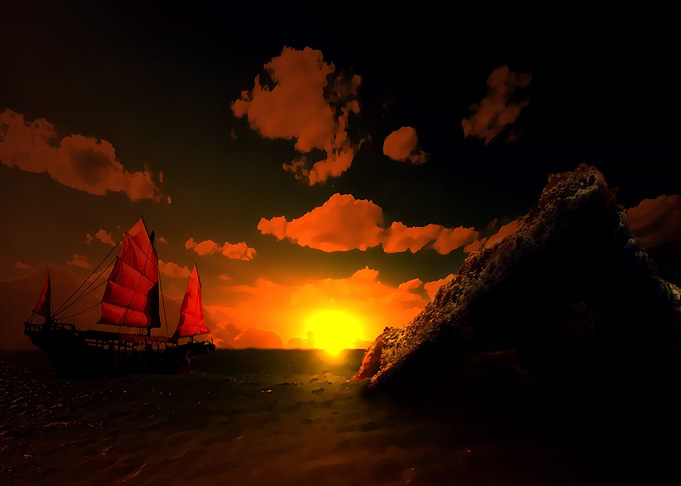The Japan Sunset. Matte Painting.