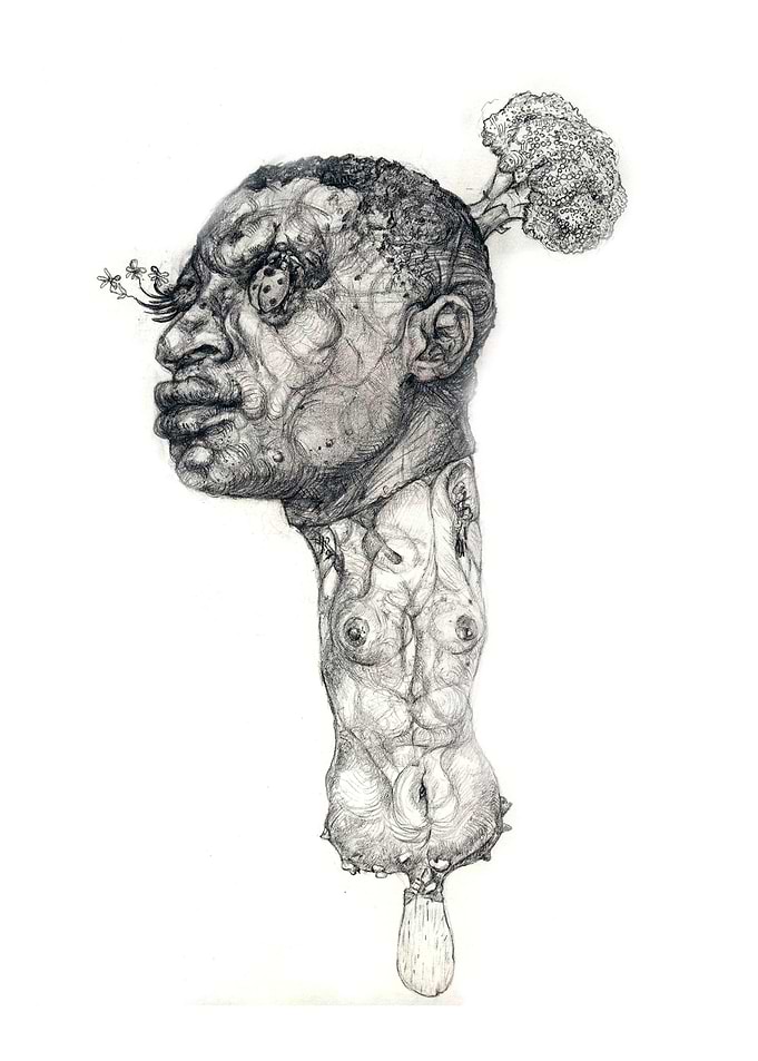 The story about Broccoli man. Graphic pencils artwork.