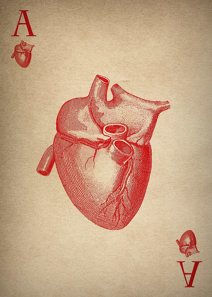 Ace of hearts playing card with vintage medial heart di ...