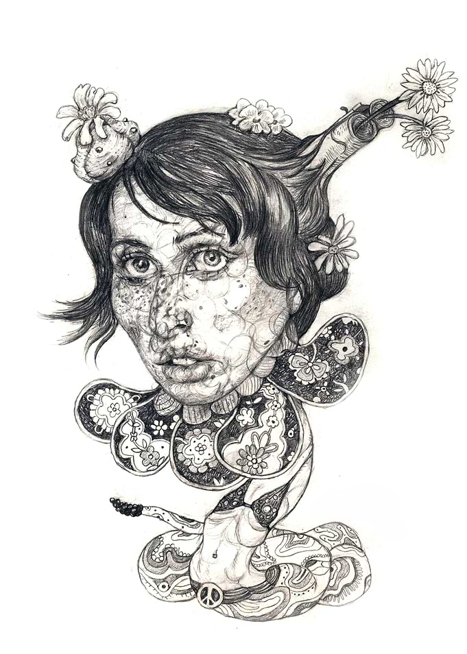 Surrealistic portrait. Graphic pencils on paper.