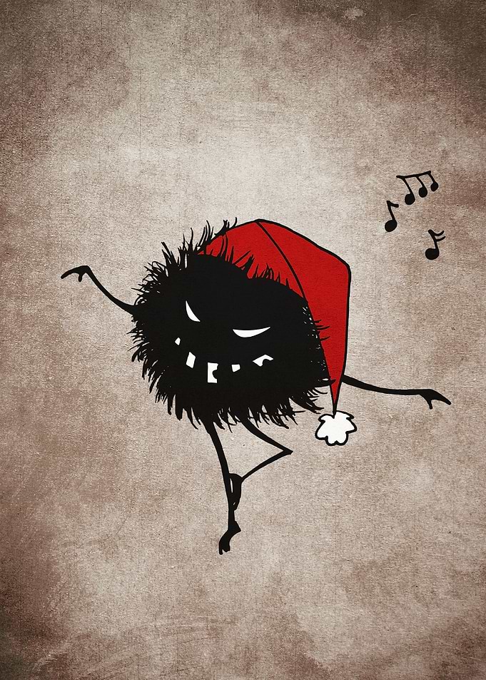 Evil Christmas illustration of a funny evil black bug w ...