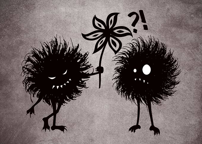 Funny illustration with two hairy evil characters. One ...