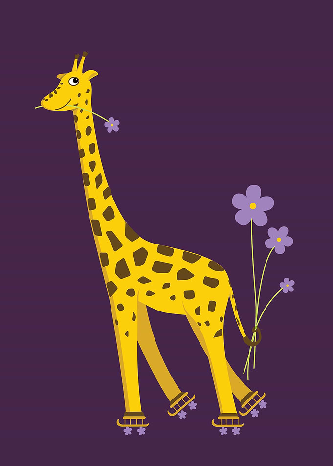 Cartoon giraffe nibbling on a light purple flower and h ...