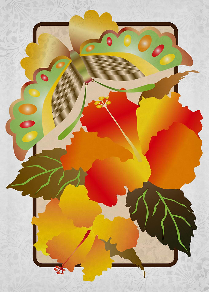 Pretty Green Autumn Butterfly Orange Hibiscus Flowers - ...