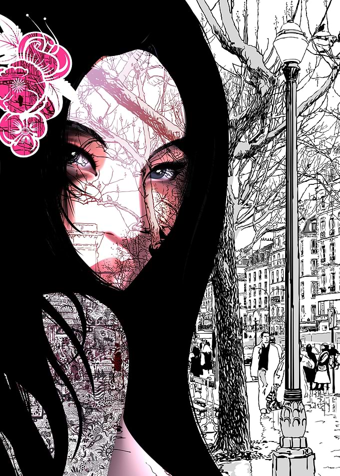 A black and white landscape with the face of a geisha d ...