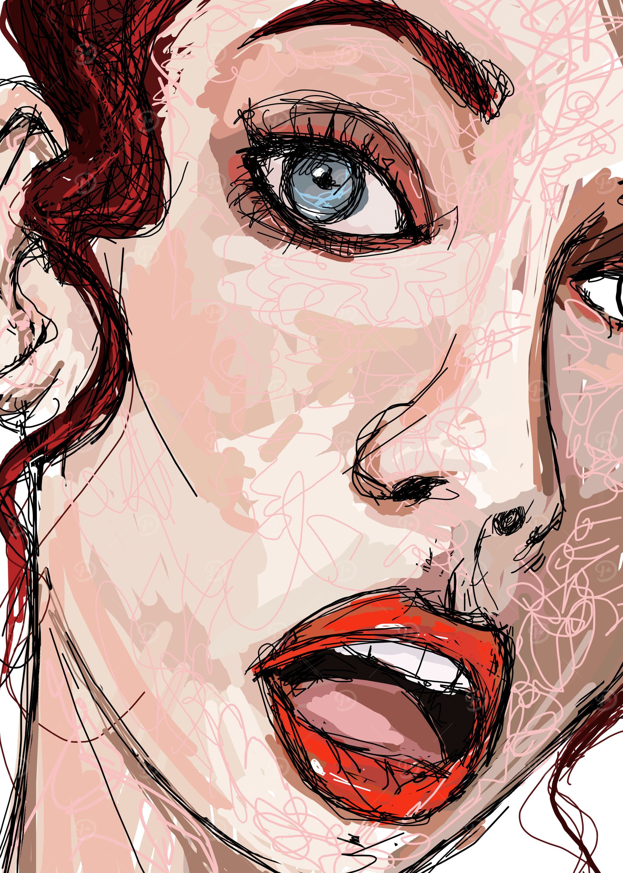 Lips are red. Eyes are blue.