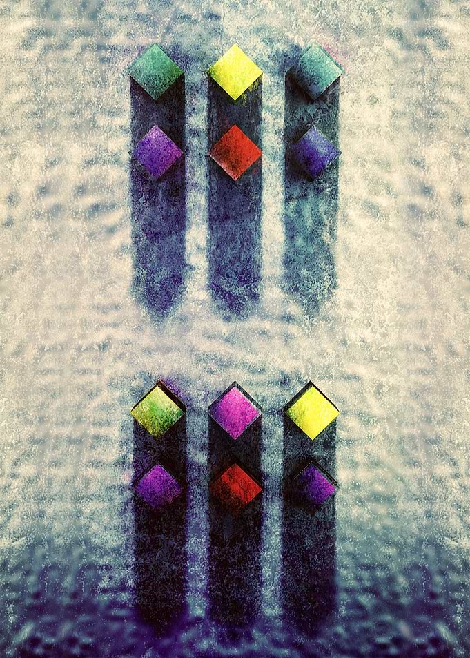 Abstract of boxes in deep emotional shadows of doubt.