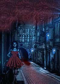 A woman in red with red eyes leaving what could be trai ...