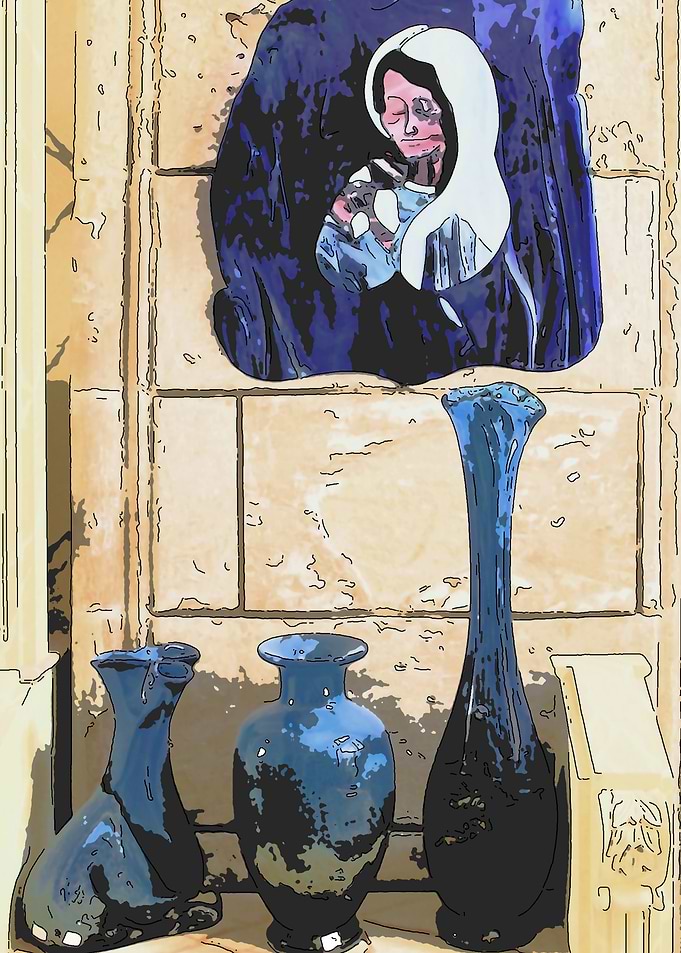 Madonna and Bottles. A still life on sandstone
