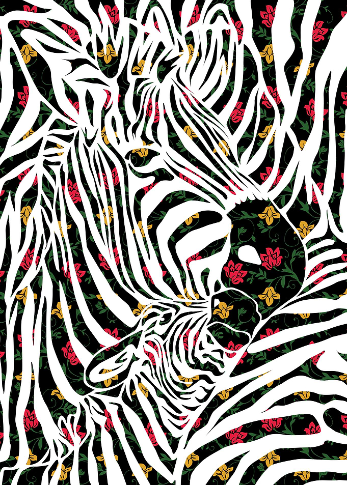3 Zebras - hidden in their own stripes. Floral pattern. ...