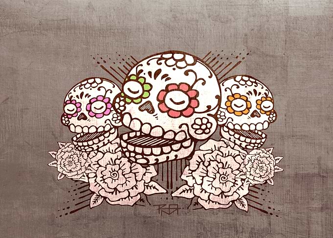 Hand drawn illustration or drawing of some skulls and f ...